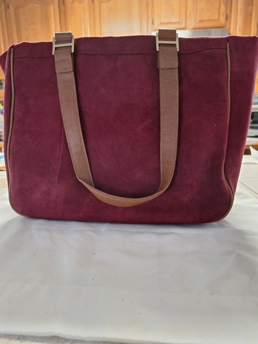 Suede Burgundy Tote Bag with Brown Straps